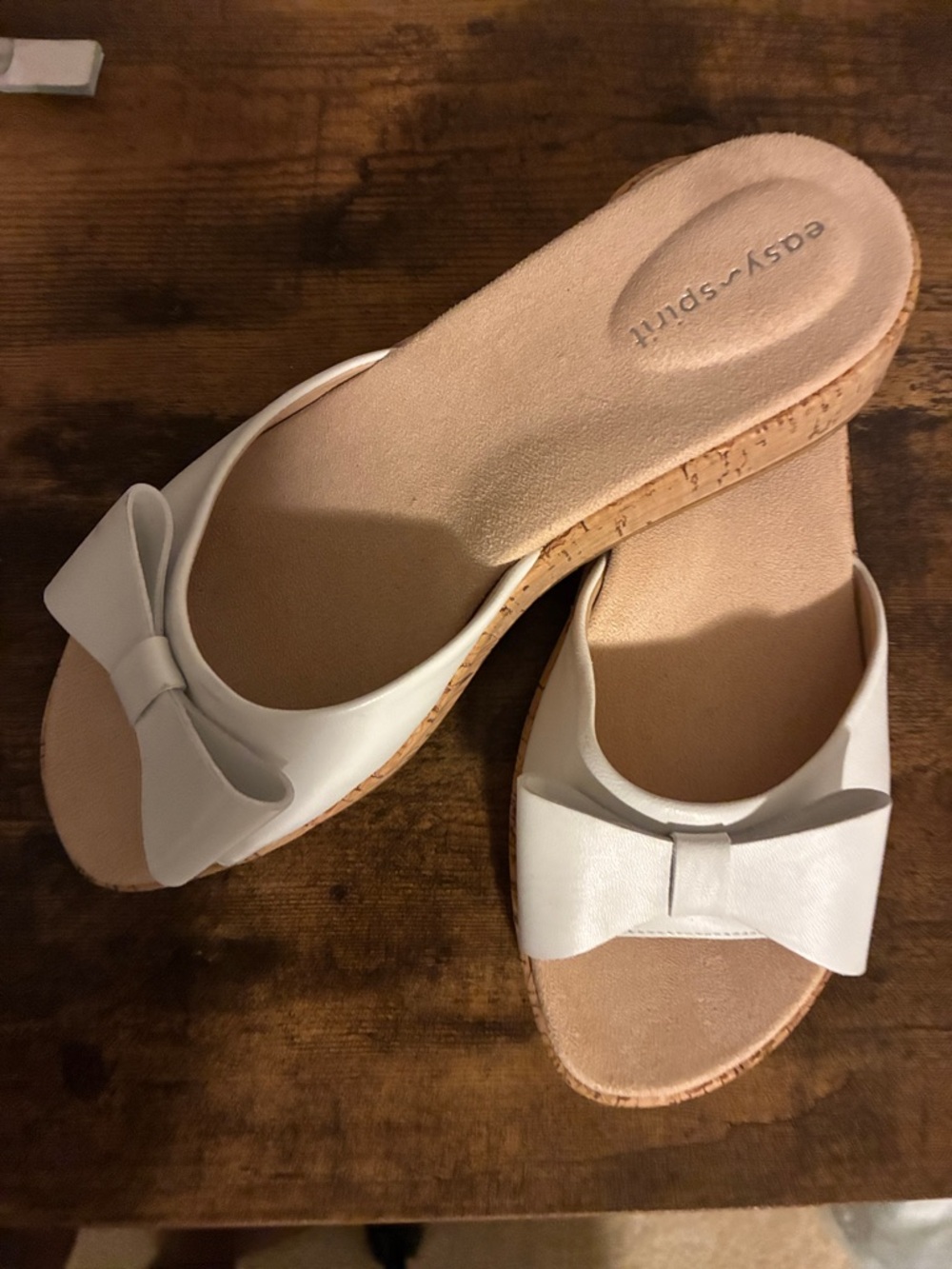 Easy Spirit Mimosa White Leather Bow Slide Sandals Cork Wedge Comfort Size 7